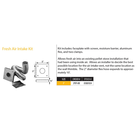 DuraVent 3" PelletVent Pro Fresh Air Intake Kit 3PVP-AIK Size Chart
