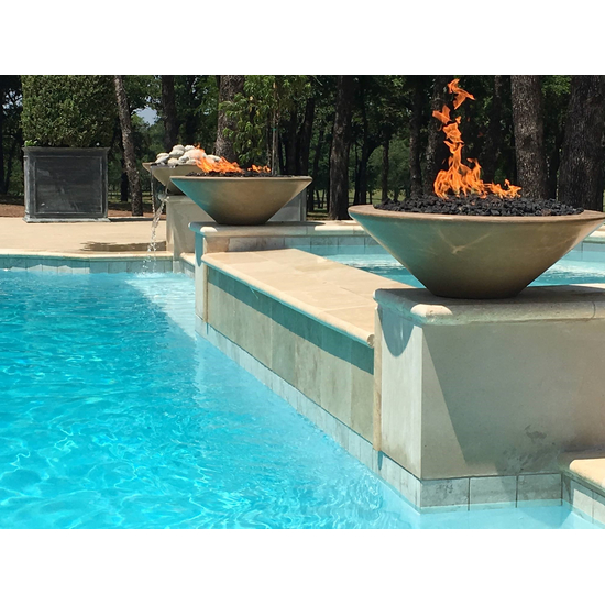 Cazo Round Concrete Fire Bowl in a poolscape