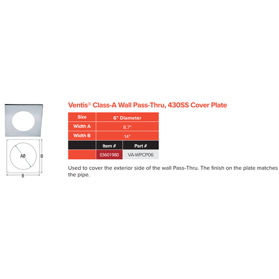 VA-WPCP06 - 6" Ventis Class-A All Fuel Chimney 403 Stainless Wall Pass-Thru Cover Plate Specs Sheet