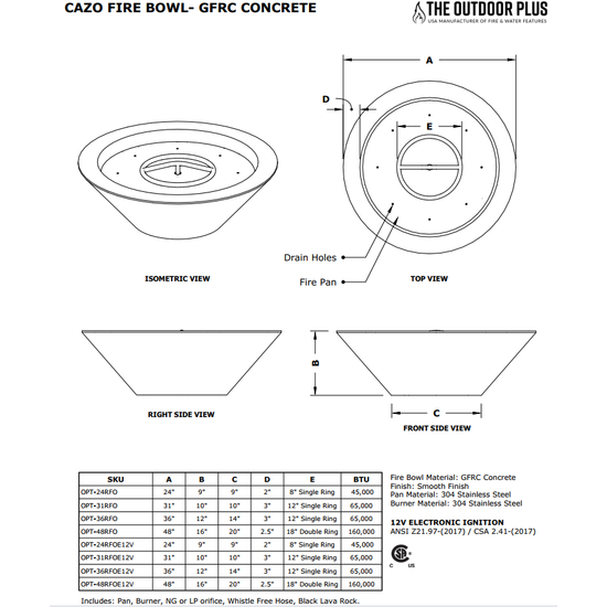 Cazo Wood Grain Fire Bowl Specification Sheet
