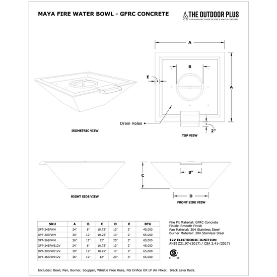 Maya Square GFRC Concrete Fire and Water Bowl Specifications