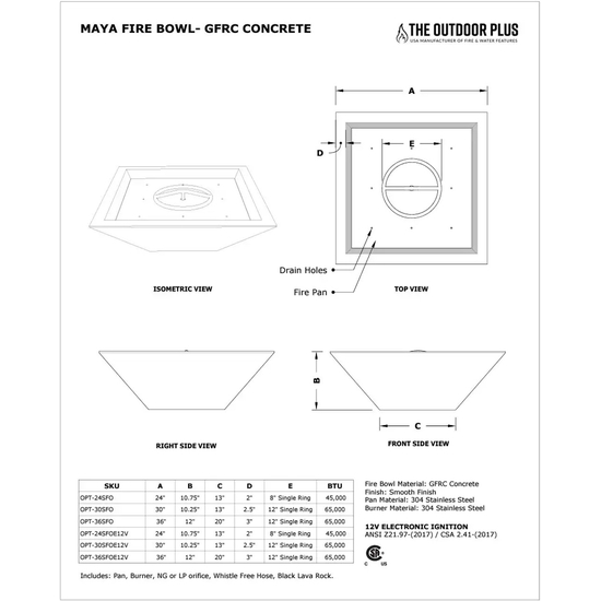 Maya Square GFRC Concrete Fire Bowl Specifications