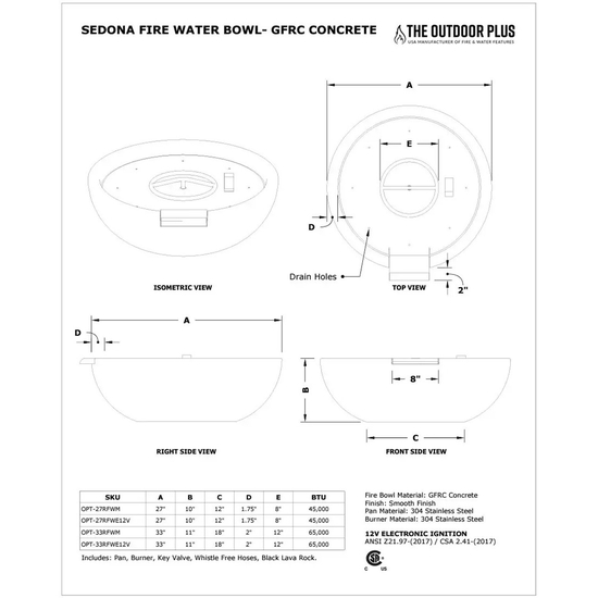 Sedona Round GFRC Concrete Fire and Water Bowl Specifications