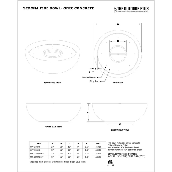 Sedona Round GFRC Concrete Fire Bowl Specifications