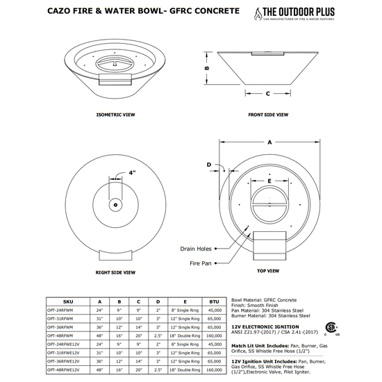 Cazo Round Concrete Fire and Water Bowl Specification Sheet