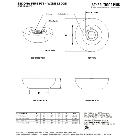 Sedona Wide Ledge Concrete Fire Bowl Specifications