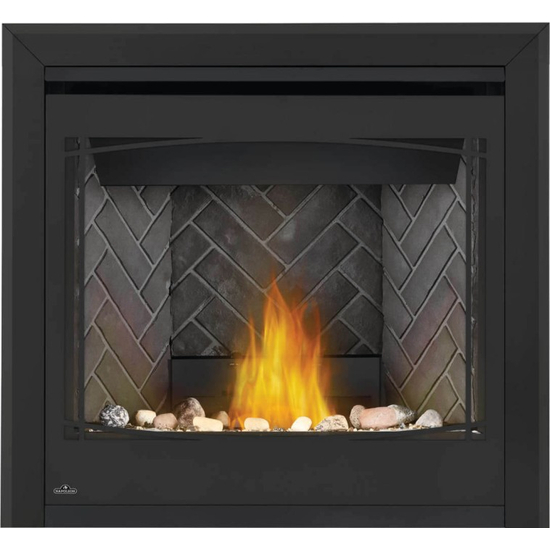 36 Inch Napoleon Ascent Series-B36NTRE-1-Direct Vent Gas Fireplace with Mineral Rock Kit, and Westminster Herringbone Panel and Black Zen Decorative Safety Barrier
