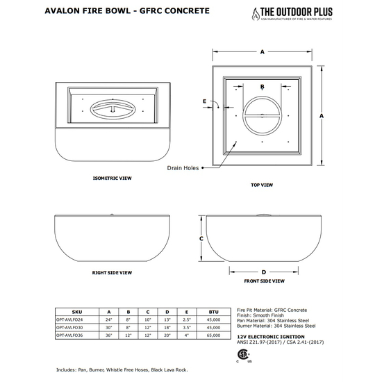 Avalon Square GFRC Concrete Fire Bowl Specifications