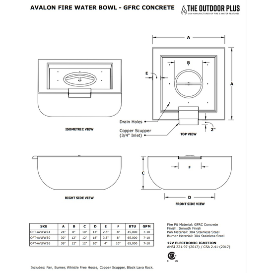 Avalon Square GFRC Concrete Fire and Water Bowl Specifications