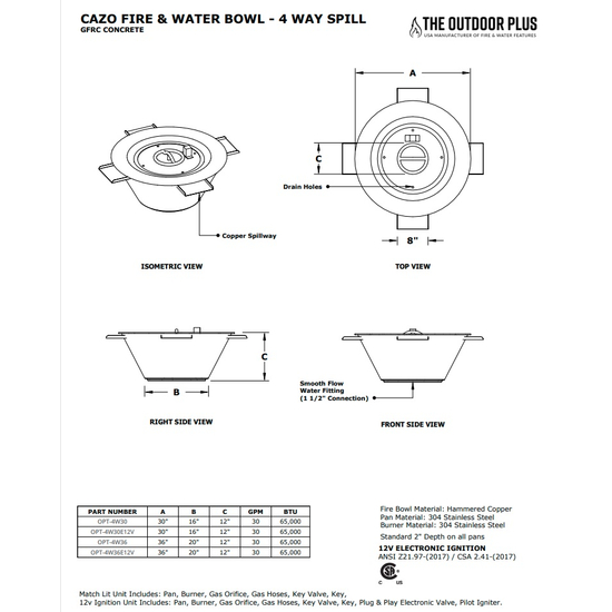 Cazo 4-Way Spill Copper Fire and Water Bowl Specifications