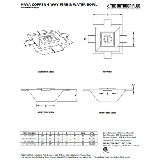 Maya 4-Way Spill Copper Fire and Water Bowl Specifications
