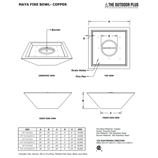 Maya Square Hammered Copper Fire Bowl Specifications