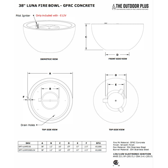 38" Luna Round GFRC Concrete Fire Bowl