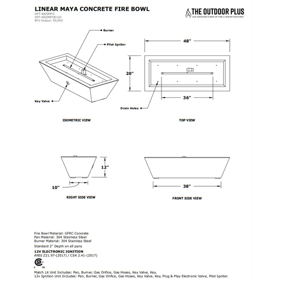 Maya Linear GFRC Concrete Fire Bowl Specifications