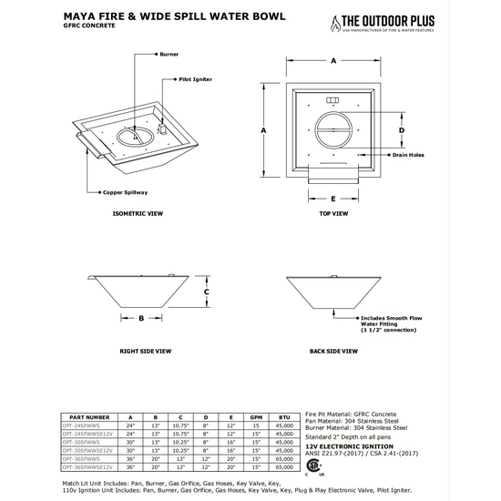 Maya Wide Spill Concrete Fire and Water Bowl Specifications