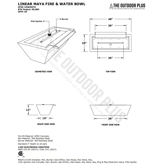 Maya Linear GFRC Concrete Fire and Water Bowl Specifications