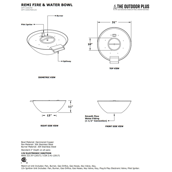 Remi Round Hammered Copper Fire and Water Bowl Specifications