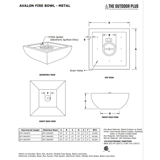 Avalon Square Hammered Copper Fire Bowl Specifications