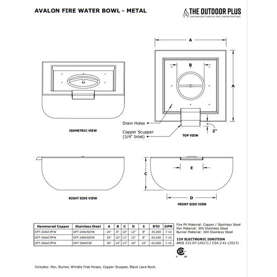 Avalon Square Hammered Copper Fire and Water Bowl Specifications