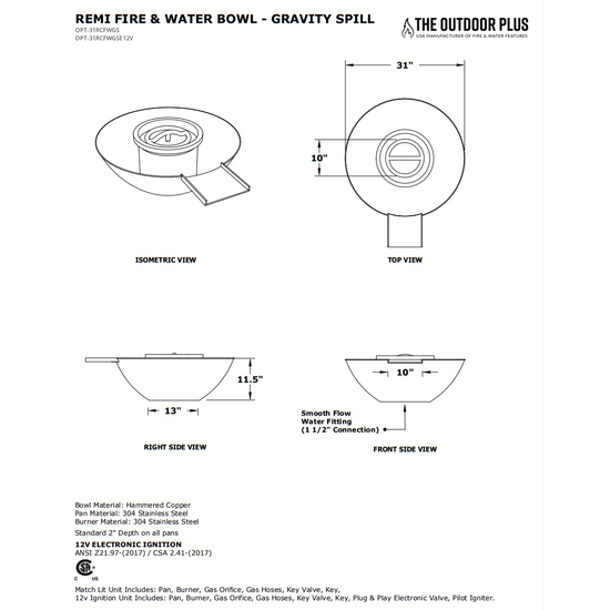 Remi Round Gravity Spill Copper Fire and Water Bowl Specifications