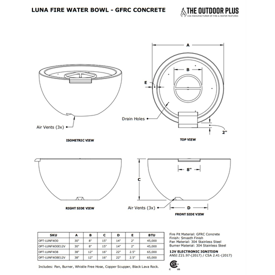 Luna Round GFRC Concrete Fire and Water Bowl Specifications