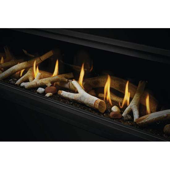 Napoleon Luxuria Series-LVX50N2X-1-See Through Gas Fireplace close up with Media Kit and Birch Log Set