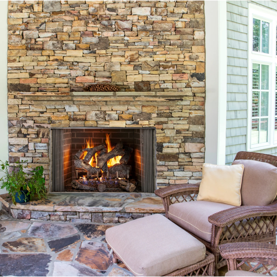 Outdoor Lifestyle Cottagewood 42" Outdoor Wood-Burning Fireplace with Gray Traditional Refractory Shown With Traditional Brick Interior and Outdoor Grand Oak Gas Logs