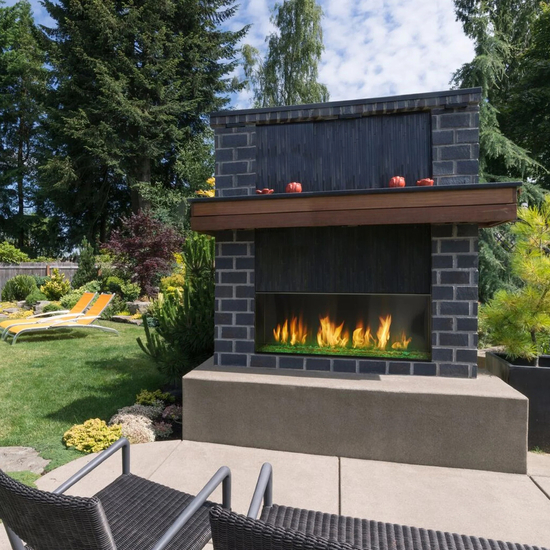 Outdoor Lifestyle Lanai 48" Outdoor Gas Fireplace Shown With Clean Face Trim and Driftwood Logs