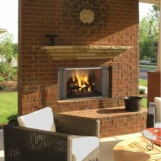 Outdoor Lifestyle Villawood 36" Outdoor Herringbone Refractory Wood Fireplace Shown with Bi-Fold Glass Doors