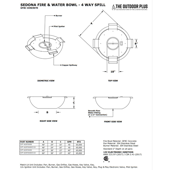 Sedona 4-Way Spill Concrete Fire and Water Bowl Specifications