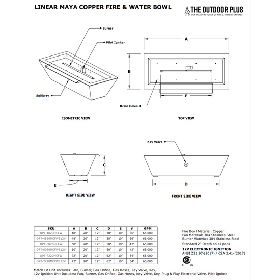 Maya Linear Stainless Steel Fire and Water Bowl Specifications