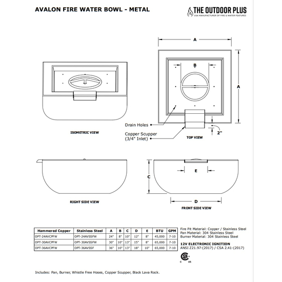 Avalon Square Stainless Steel Fire and Water Bowl Specifications