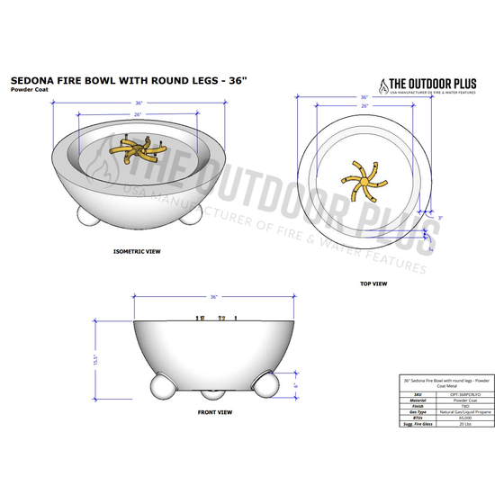 Sedona Round Powder Coated Fire Bowl with Round Legs Specifications
