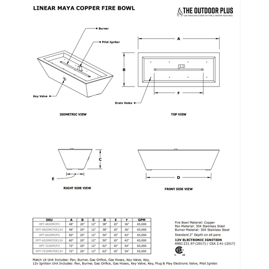 Maya Linear Stainless Steel Fire Bowl Specifications