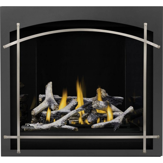 Napoleon Altitude X Series-AX36NTE-Direct Vent Gas Fireplace with Whitney Front, Arched Metal, Arched Satin Nickel and Birch Log Kit