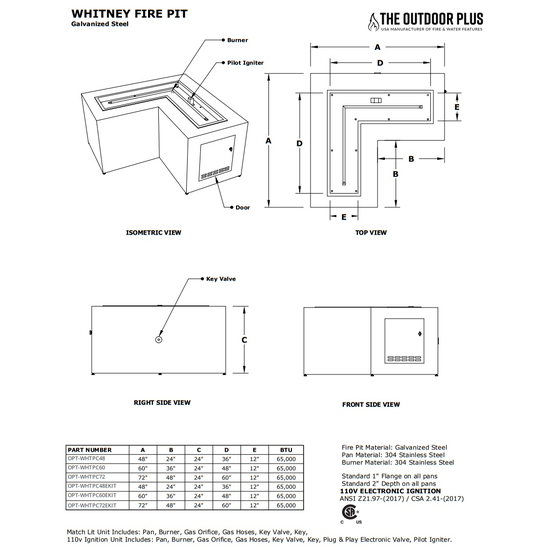 Whitney L-Shaped Powder Coated Metal Fire Table Specifications