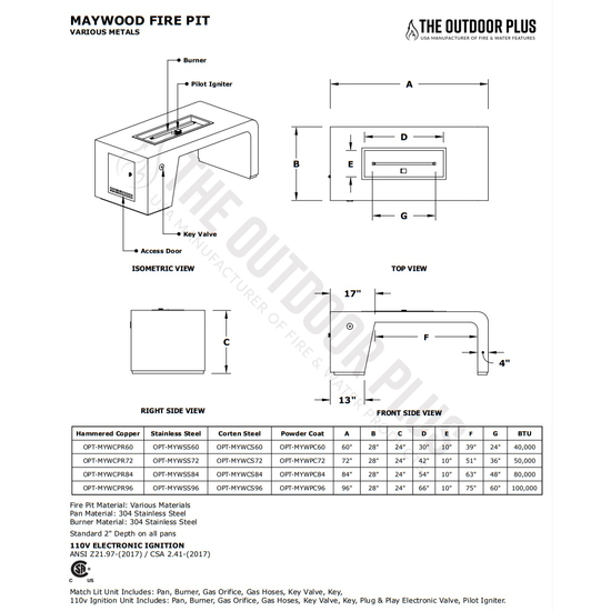 Maywood Rectangular Powder Coated Metal Fire Table Specifications