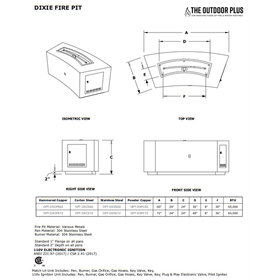 Dixie Curved Stainless Steel Fire Table Specifications