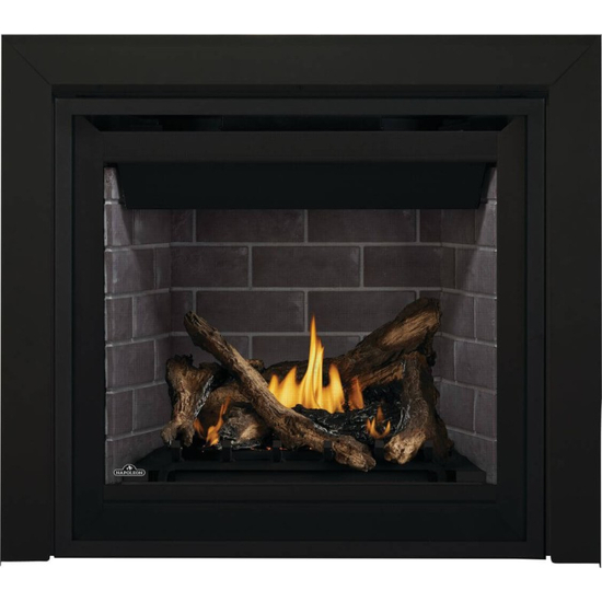 36 Inch Napoleon Altitude Series-A36-Direct Vent Gas Fireplace with Westminster Grey Standard Decorative Panels and Split Oak Log Set
