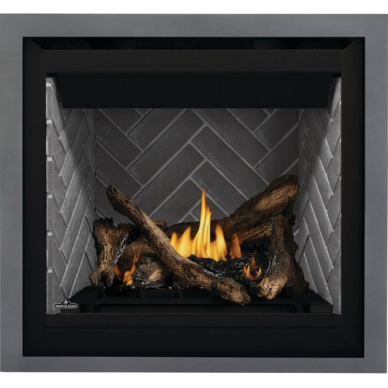 36 Inch Napoleon Altitude Series-A36-Direct Vent Gas Fireplace with Westminster Grey Herringbone, Split Oak Log Set and Charcoal Trim