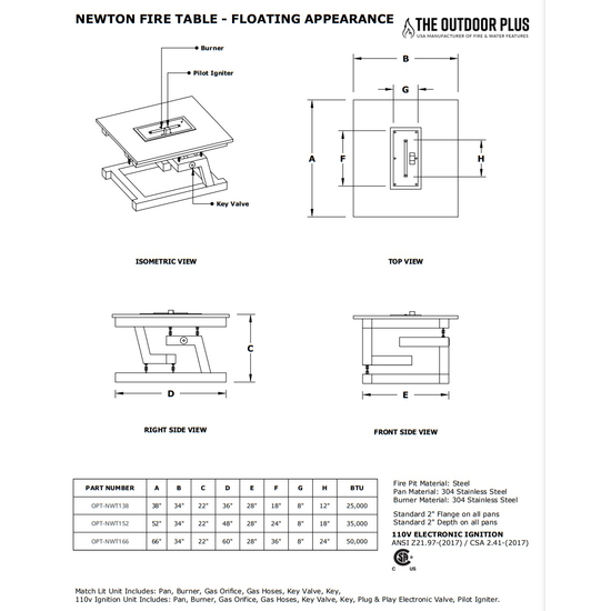 Newton Floating Appearance Powder Coated Metal Fire Table Specifications