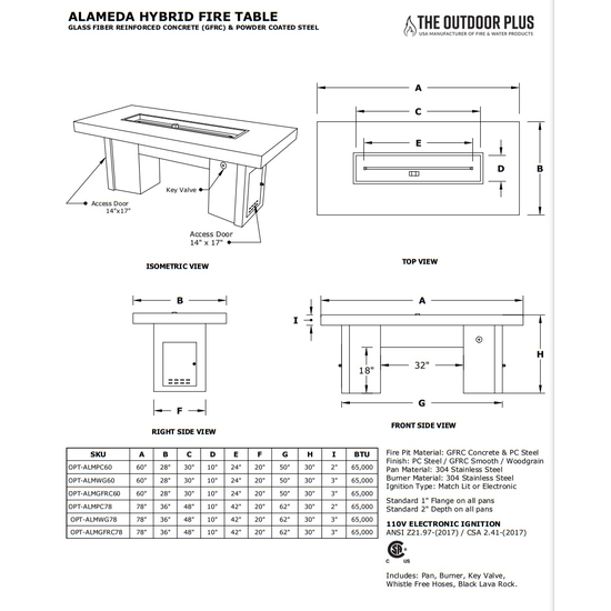 Alameda Rectangular Powder Coated Metal Fire Table Specifications