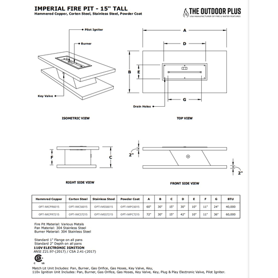 Imperial Rectangular 15" Tall Powder Coated Metal Fire Table Specifications
