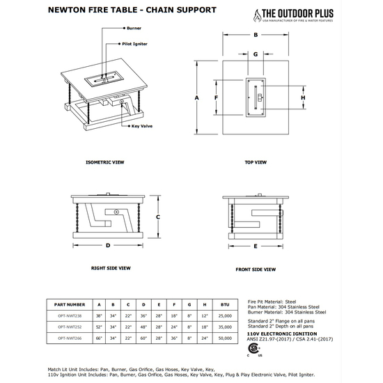 Newton Chain Support Powder Coated Metal Fire Table Specifications