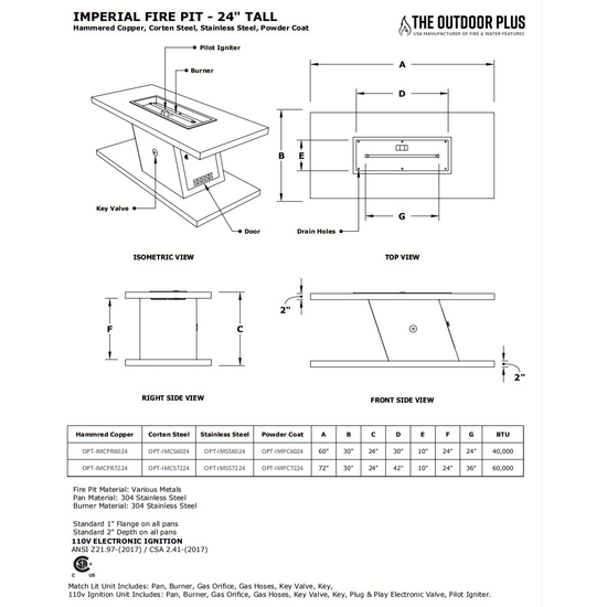 Imperial Rectangular 24" Tall Powder Coated Metal Fire Table Specifications