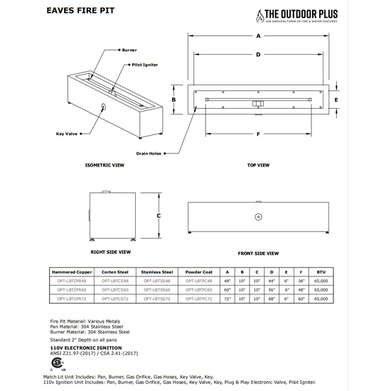 Eaves Rectangular Powder Coated Metal Fire Pit Specifications