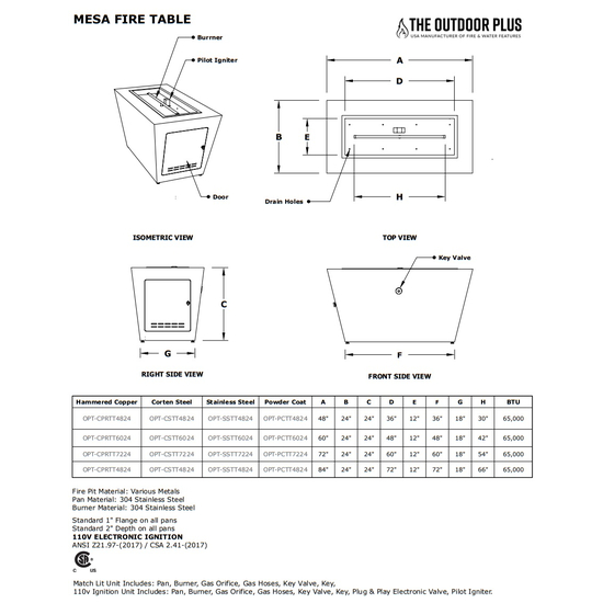 Mesa Rectangular Powder Coated Metal Fire Table Specifications