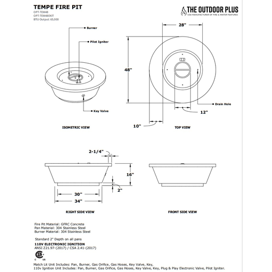Tempe Round Hammered Copper Fire Pit Specifications