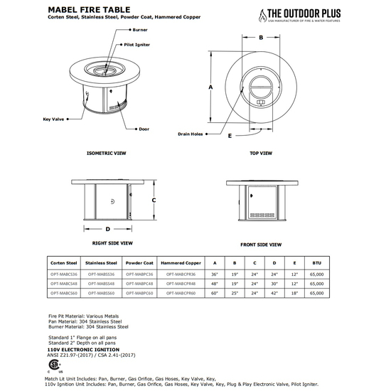 Mabel Round Mabel Round Hammered Copper Fire Pit Specifications