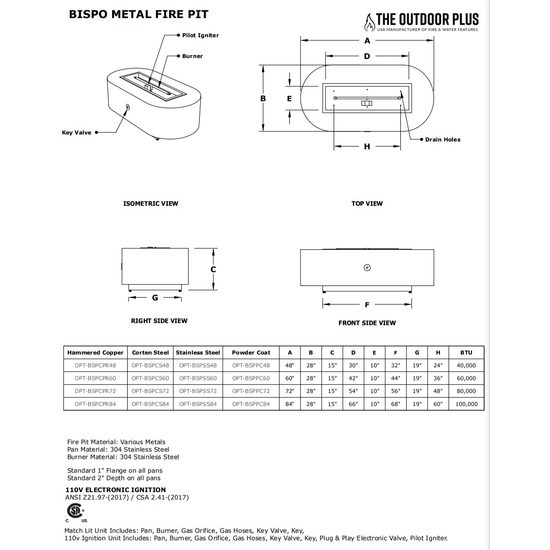 Bispo Rectangular Powder Coated Metal Fire Pit Specifications